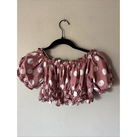 Zara Women’s Size Small Linen Blend Polka Dot Off The Shoulder Crop Top Retro - Picture 3 of 5